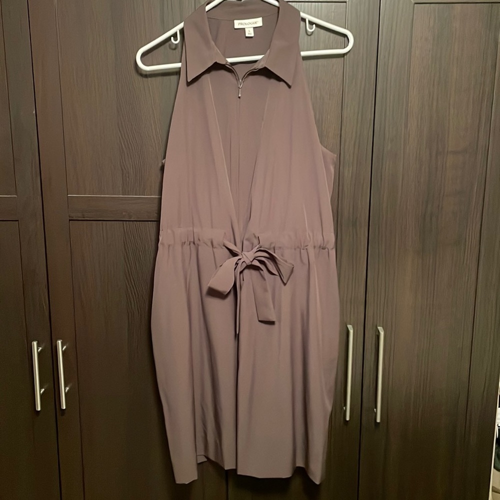 Gray Halter Dress with Front Zipper and Tie